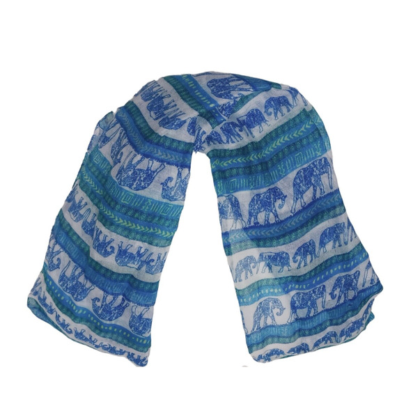 Womens Infinity Scarf Hijab Wrap Blue White Elephant Print Chevron Ikat 35x20 - Picture 5 of 10